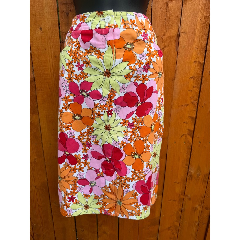 Talbots Floral Midi Skirt Pink Orange Retro Psychedelic Print Cotton Blend Sz 10